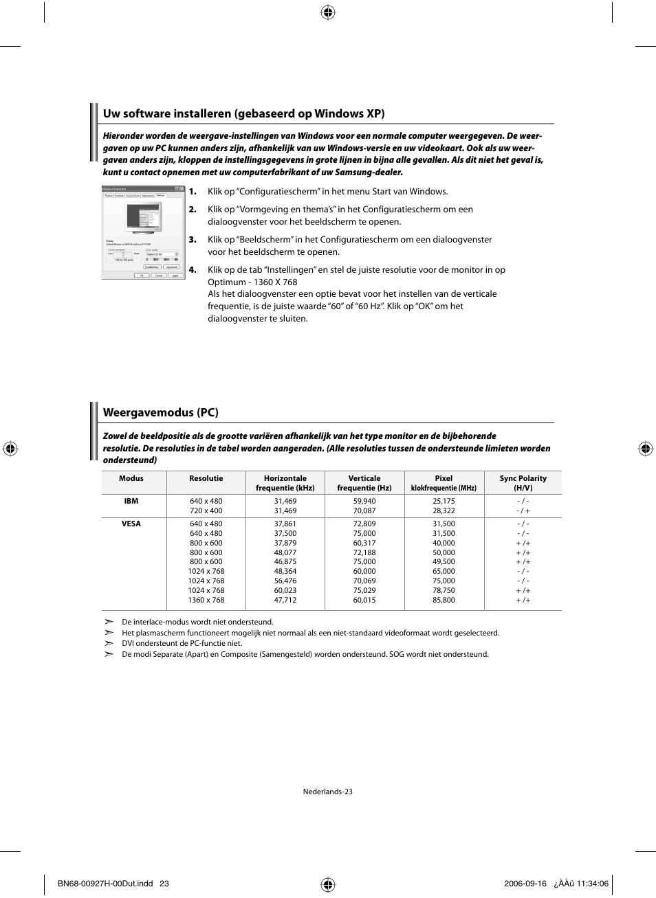 Uw software installeren (gebaseerd op windows xp), Weergavemodus (pc) | Samsung LE32R32B User Manual | Page 103 / 187