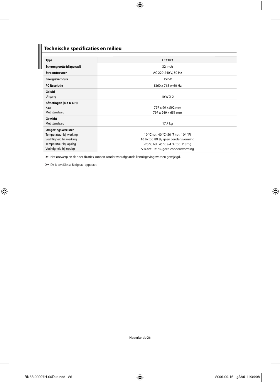 Technische specificaties en milieu | Samsung LE32R32B User Manual | Page 106 / 187