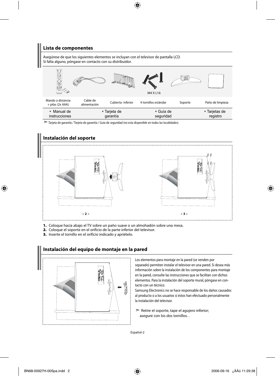 Lista de componentes, Instalación del soporte, Instalación del equipo de montaje en la pared | Samsung LE32R32B User Manual | Page 108 / 187