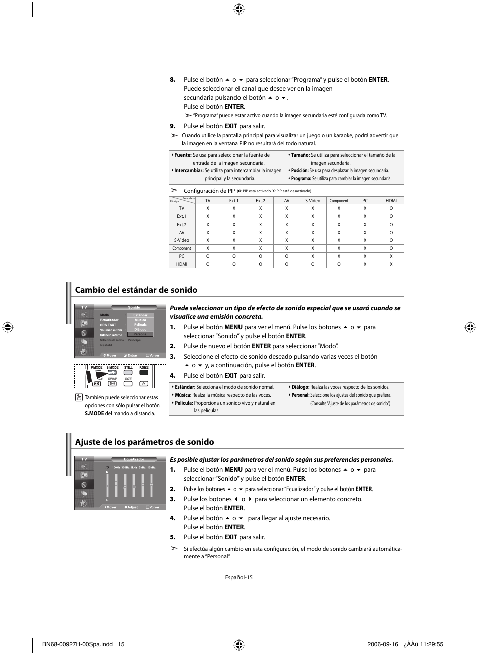 Cambio del estándar de sonido, Ajuste de los parámetros de sonido | Samsung LE32R32B User Manual | Page 121 / 187
