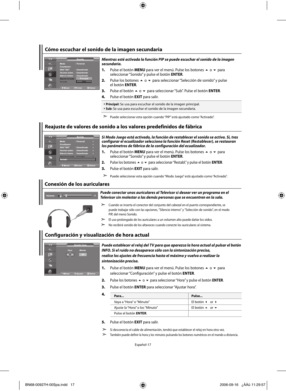 Cómo escuchar el sonido de la imagen secundaria, Conexión de los auriculares | Samsung LE32R32B User Manual | Page 123 / 187