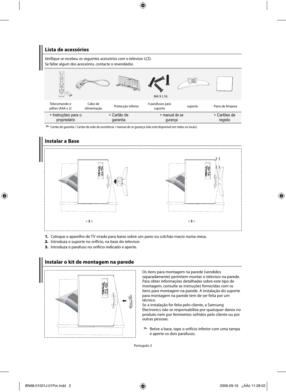 Lista de acessórios, Instalar a base, Instalar o kit de montagem na parede | Samsung LE32R32B User Manual | Page 134 / 187