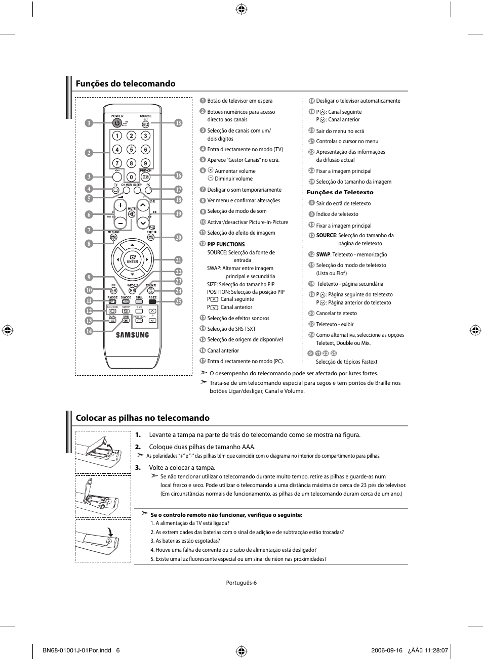 Colocar as pilhas no telecomando, Funções do telecomando | Samsung LE32R32B User Manual | Page 138 / 187