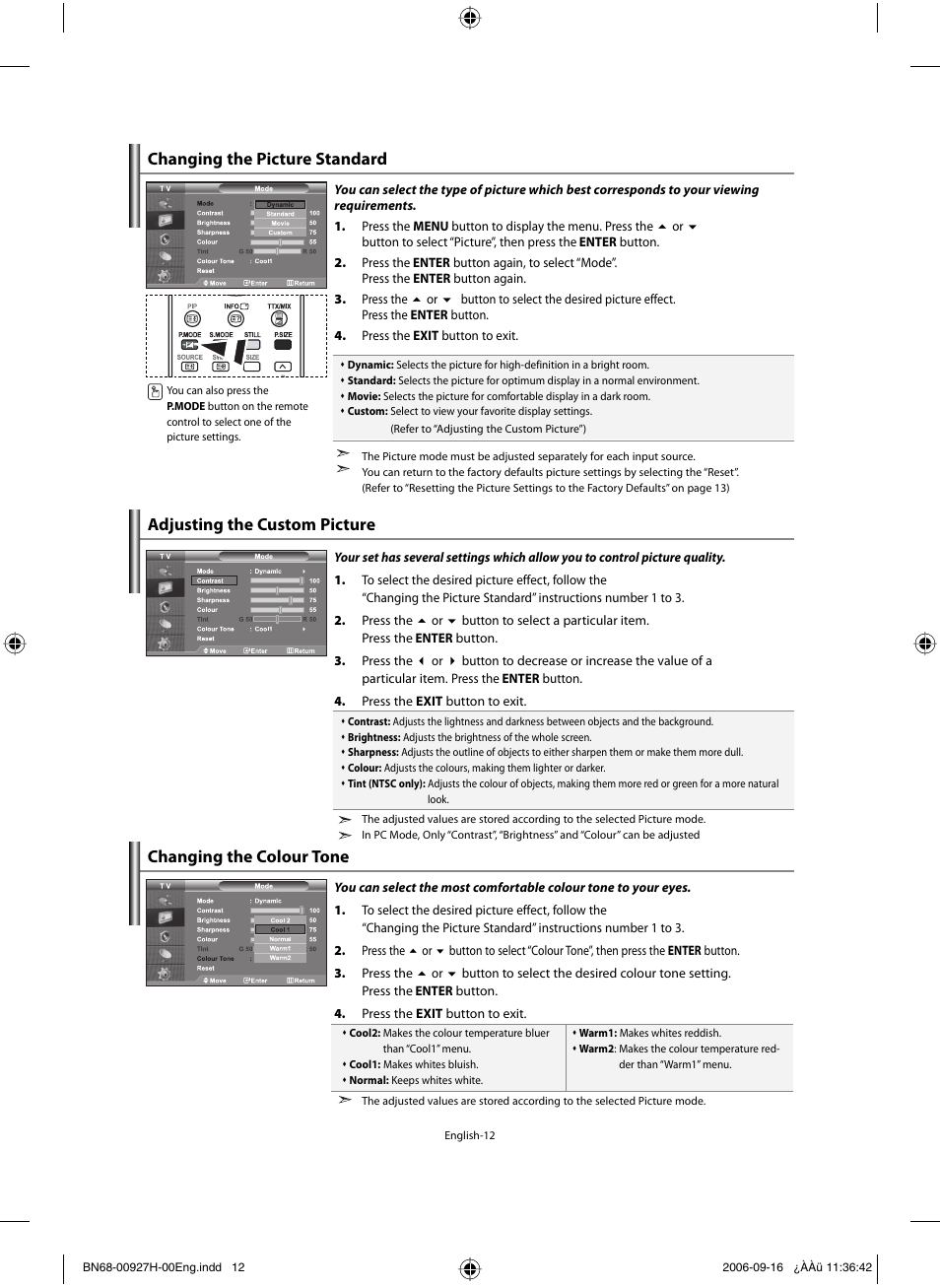 Setting the picture, Changing the picture standard, Adjusting the custom picture | Changing the colour tone | Samsung LE32R32B User Manual | Page 14 / 187