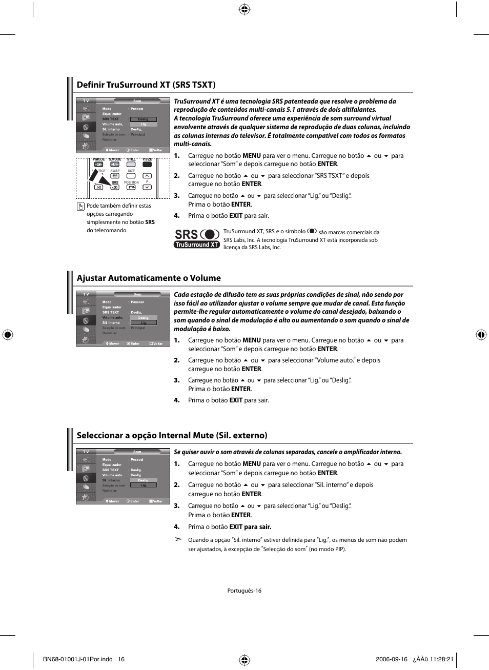 Definir trusurround xt (srs tsxt), Ajustar automaticamente o volume, Seleccionar a opção internal mute (sil. externo) | Samsung LE32R32B User Manual | Page 148 / 187