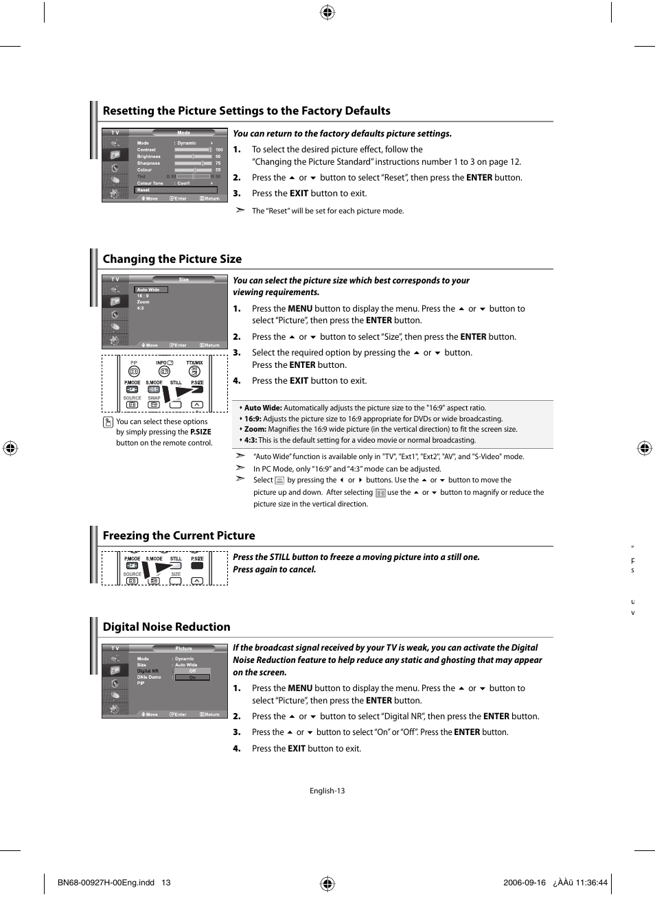 Changing the picture size, Freezing the current picture, Digital noise reduction | Samsung LE32R32B User Manual | Page 15 / 187