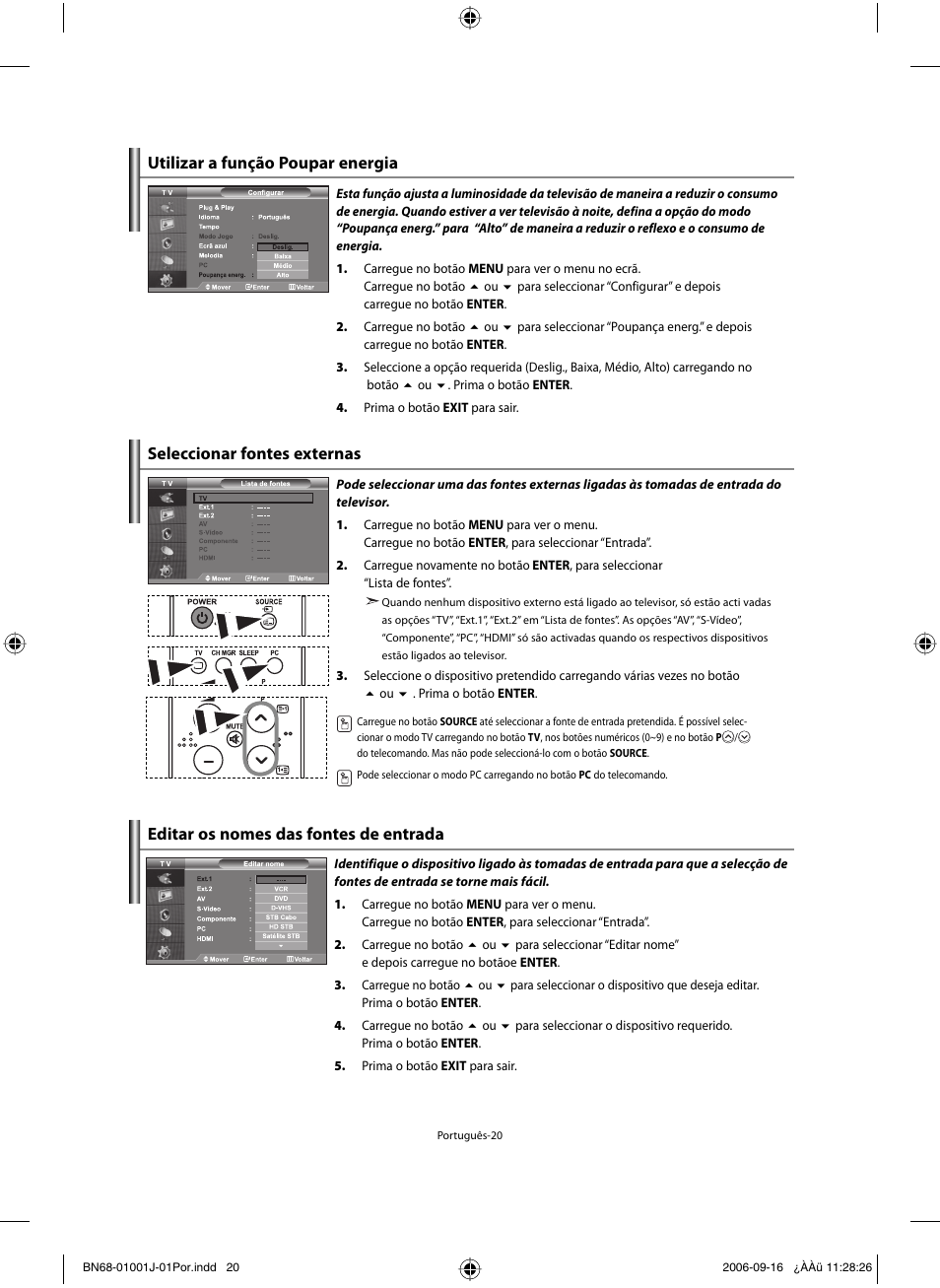 Utilizar a função poupar energia, Seleccionar fontes externas, Editar os nomes das fontes de entrada | Samsung LE32R32B User Manual | Page 152 / 187