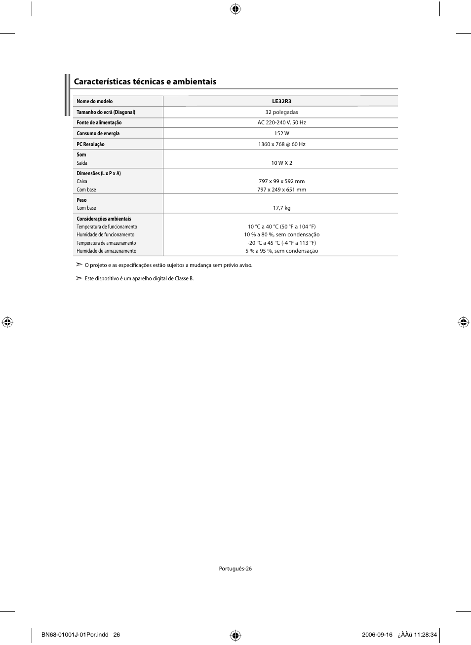 Características técnicas e ambientais | Samsung LE32R32B User Manual | Page 158 / 187