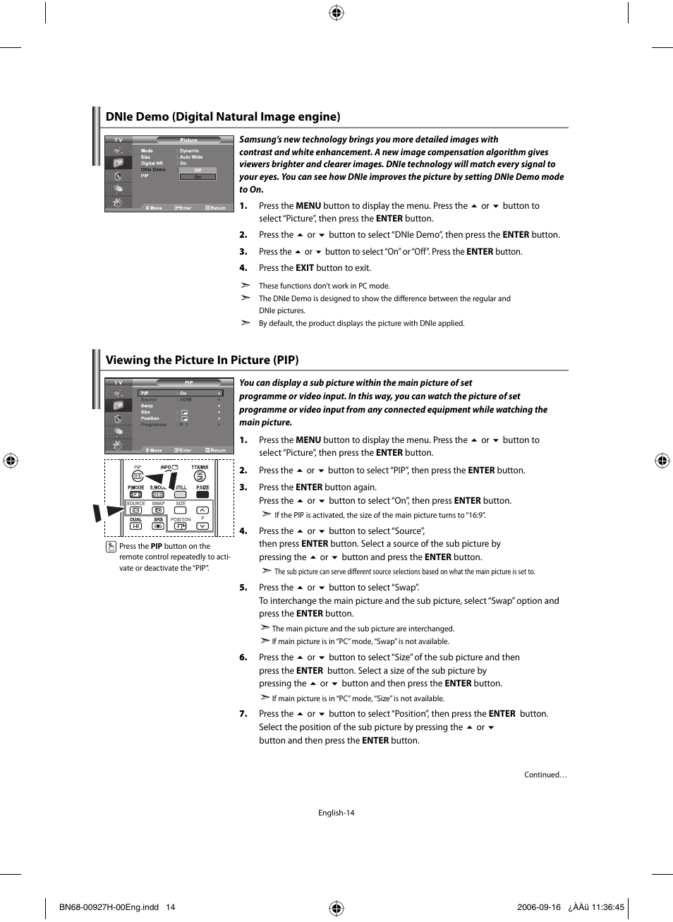 Dnie demo (digital natural image engine), Viewing the picture in picture (pip) | Samsung LE32R32B User Manual | Page 16 / 187