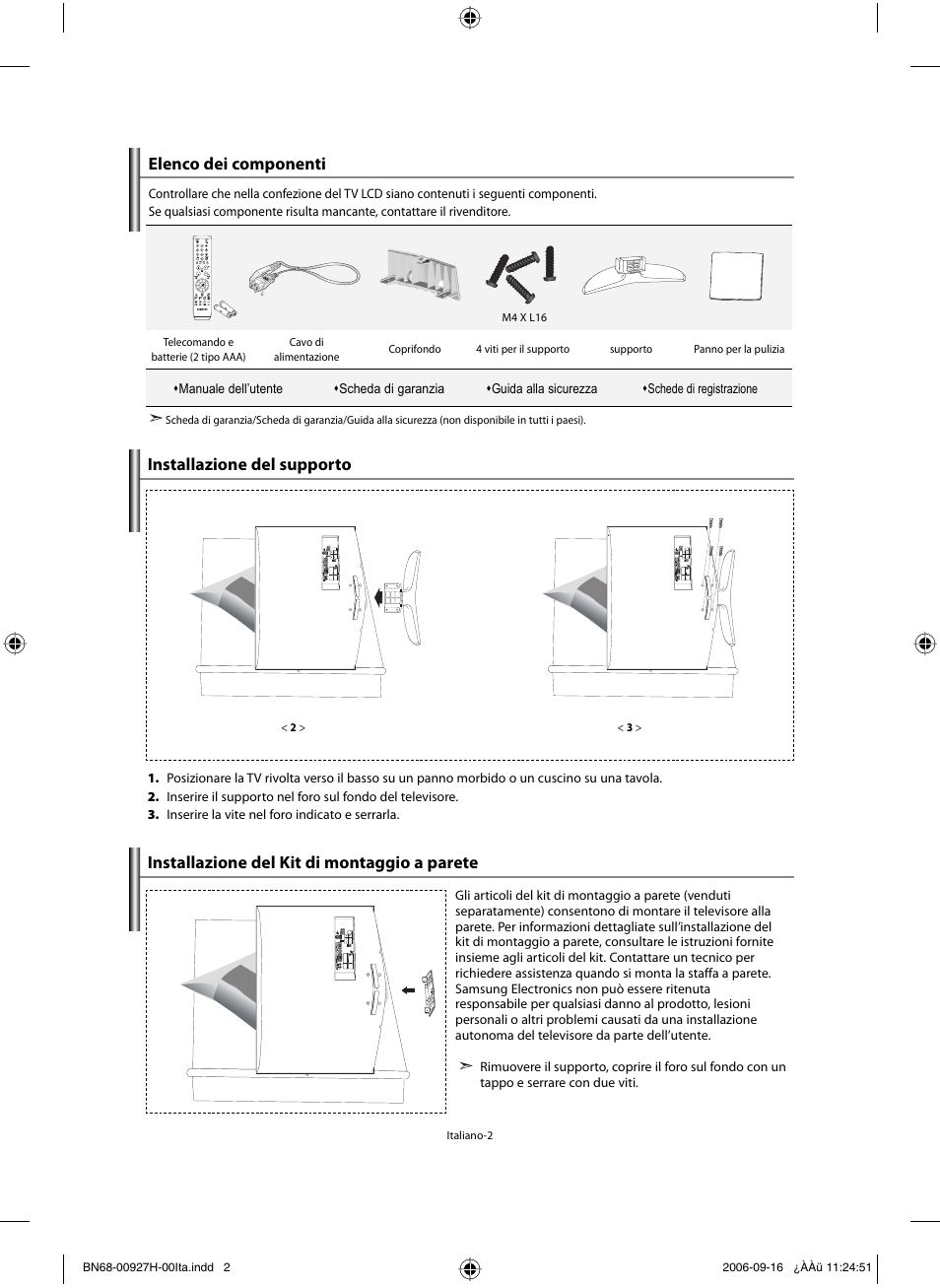 Elenco dei componenti, Installazione del supporto, Installazione del kit di montaggio a parete | Samsung LE32R32B User Manual | Page 160 / 187