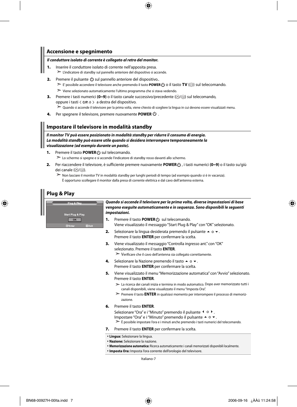 Accensione e spegnimento, Impostare il televisore in modalità standby, Plug & play | Samsung LE32R32B User Manual | Page 165 / 187