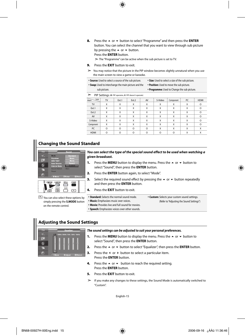 Setting the sound, Changing the sound standard, Adjusting the sound settings | Samsung LE32R32B User Manual | Page 17 / 187