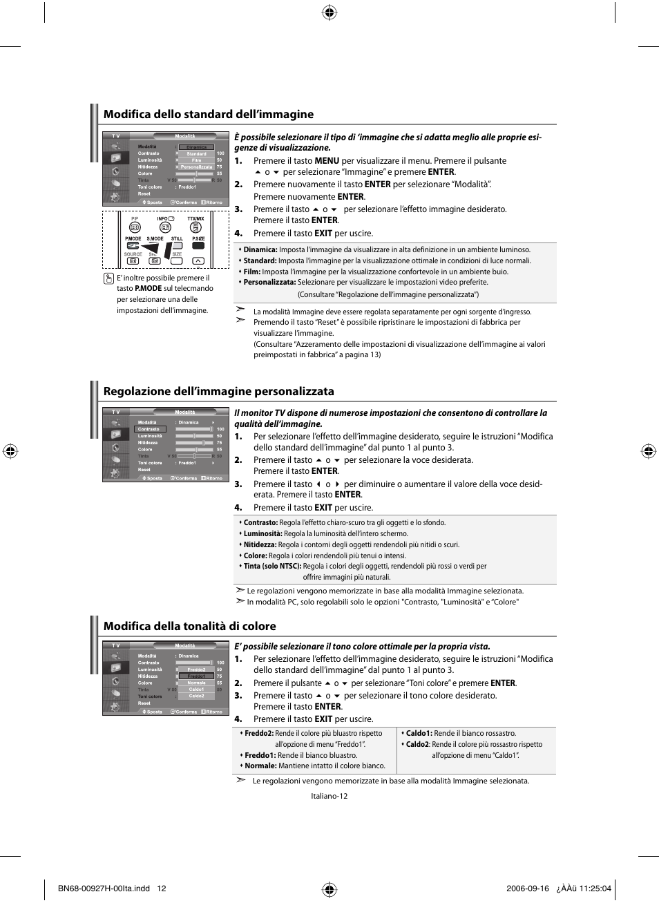 Modifica dello standard dell’immagine, Regolazione dell’immagine personalizzata, Modifica della tonalità di colore | Samsung LE32R32B User Manual | Page 170 / 187