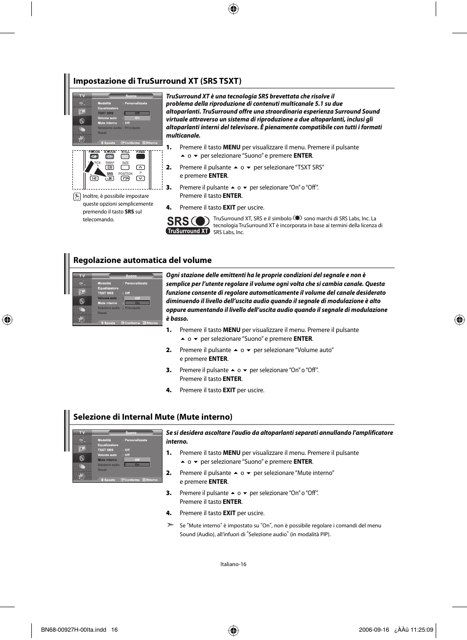 Impostazione di trusurround xt (srs tsxt), Regolazione automatica del volume, Selezione di internal mute (mute interno) | Samsung LE32R32B User Manual | Page 174 / 187