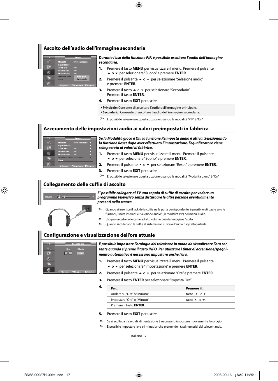 Ascolto dell’audio dell’immagine secondaria, Collegamento delle cuffie di ascolto | Samsung LE32R32B User Manual | Page 175 / 187