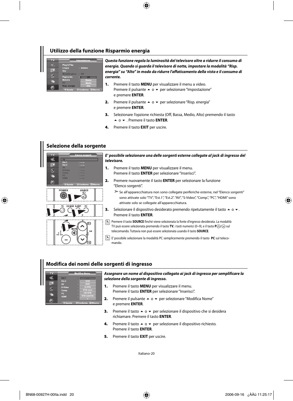 Utilizzo della funzione risparmio energia, Selezione della sorgente, Modifica dei nomi delle sorgenti di ingresso | Samsung LE32R32B User Manual | Page 178 / 187