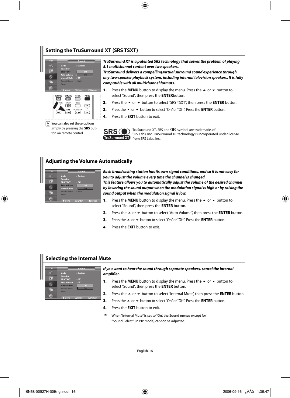 Setting the trusurround xt (srs tsxt), Adjusting the volume automatically, Selecting the internal mute | Samsung LE32R32B User Manual | Page 18 / 187