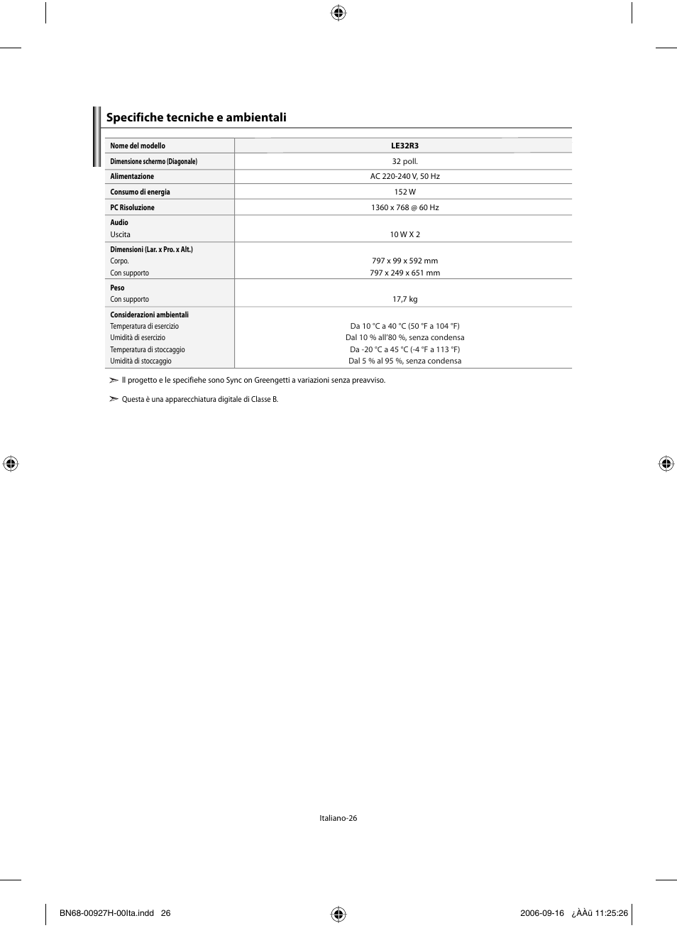 Specifiche tecniche e ambientali | Samsung LE32R32B User Manual | Page 184 / 187