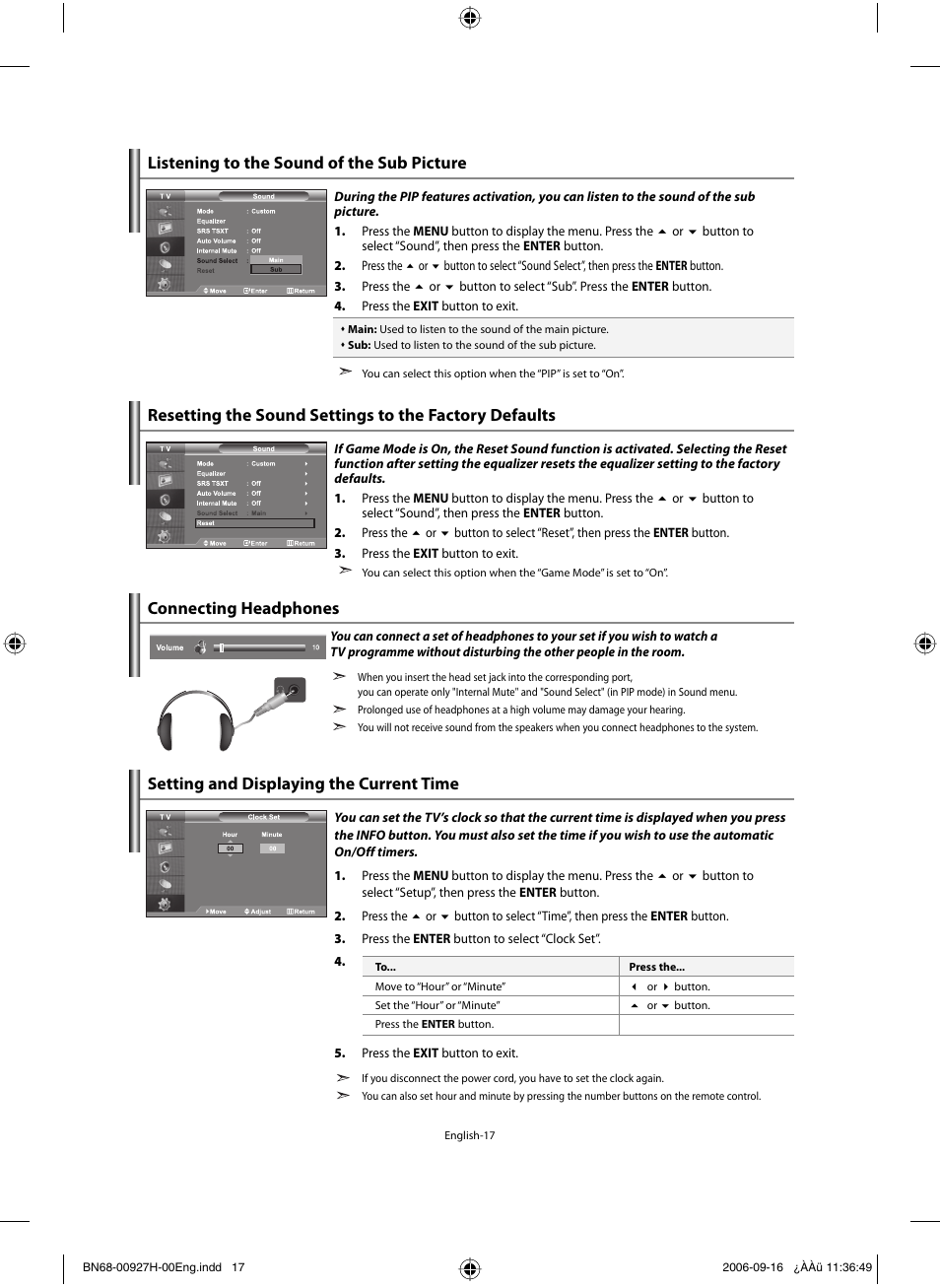 Listening to the sound of the sub picture, Connecting headphones, Setting the time | Setting and displaying the current time | Samsung LE32R32B User Manual | Page 19 / 187