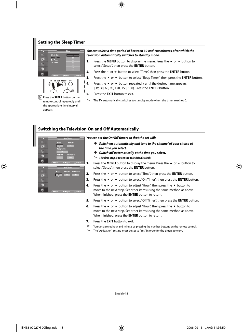 Setting the sleep timer, Switching the television on and off automatically | Samsung LE32R32B User Manual | Page 20 / 187