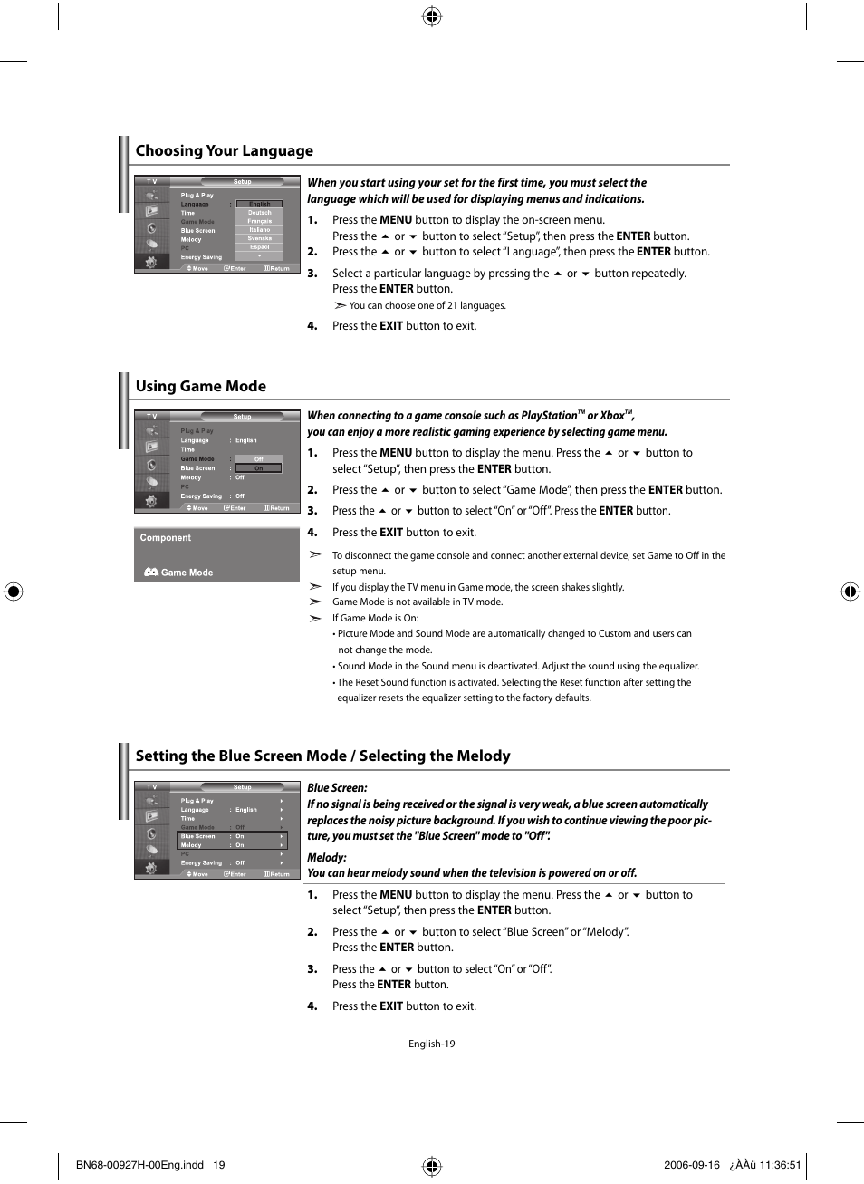 Setting the others, Choosing your language, Using game mode | Using game mode choosing your language | Samsung LE32R32B User Manual | Page 21 / 187