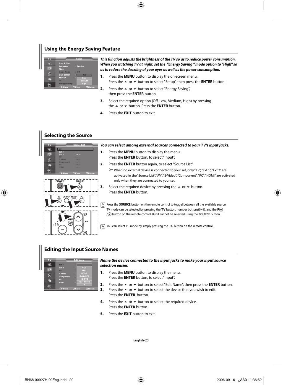 Using the energy saving feature, Selecting the source, Editing the input source names | Samsung LE32R32B User Manual | Page 22 / 187