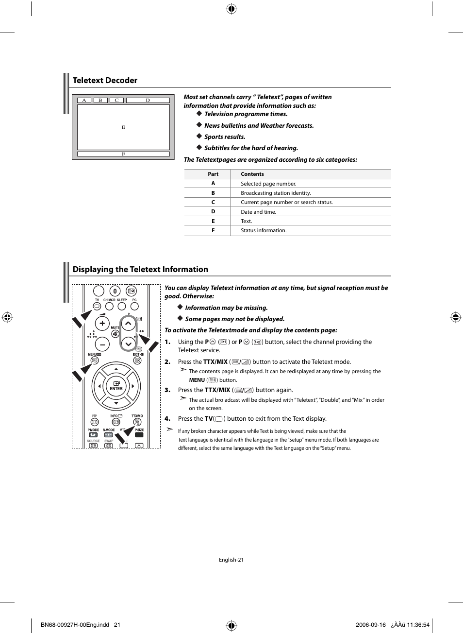 Using the teletextfeature, Teletext decoder, Displaying the teletext information | Samsung LE32R32B User Manual | Page 23 / 187