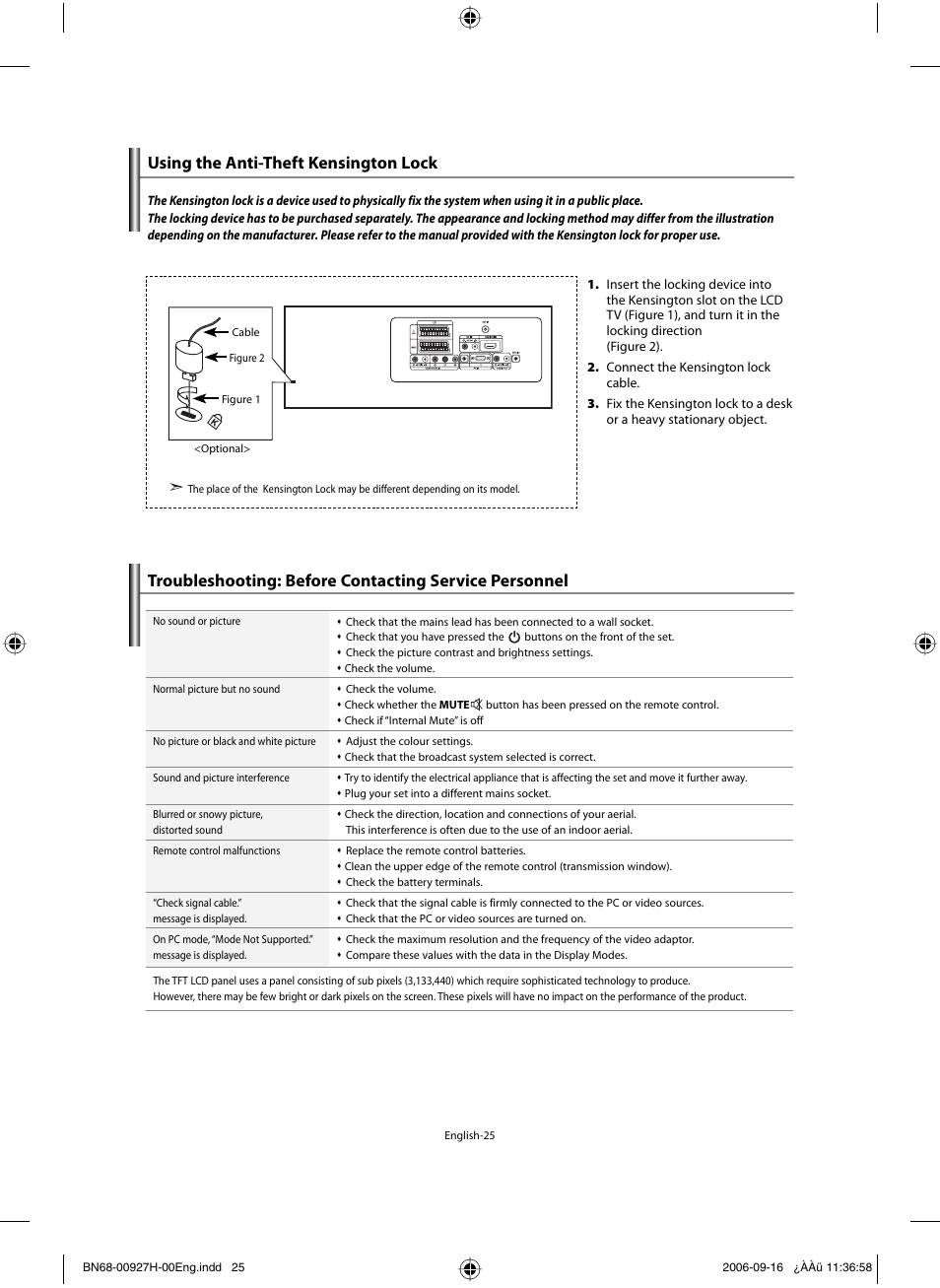 Recommendations for use, Using the anti-theft kensington lock | Samsung LE32R32B User Manual | Page 27 / 187