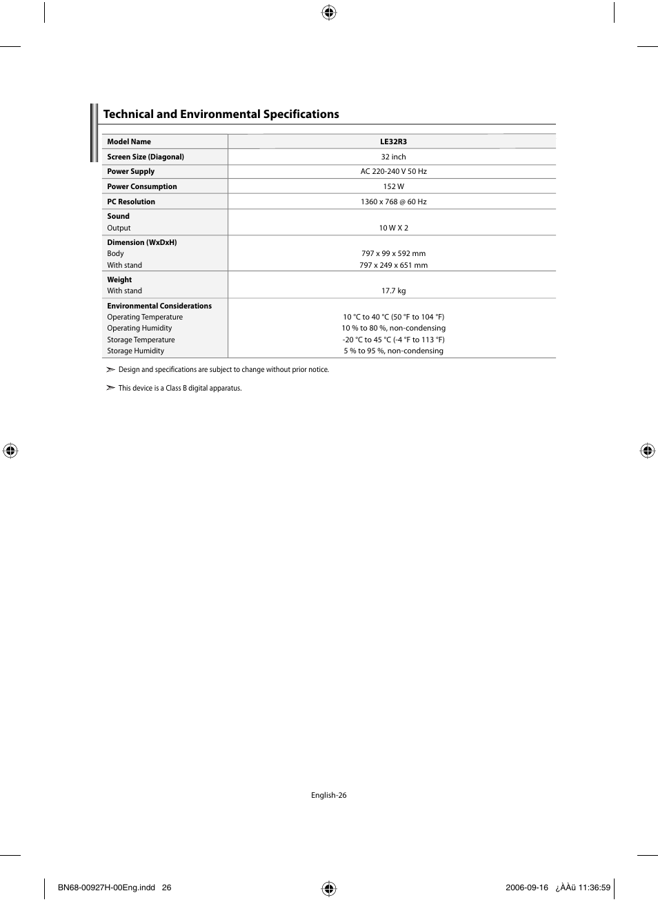 Technical and environmental specifications | Samsung LE32R32B User Manual | Page 28 / 187