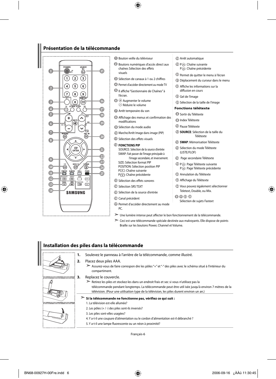 Installation des piles dans la télécommande, Présentation de la télécommande | Samsung LE32R32B User Manual | Page 34 / 187