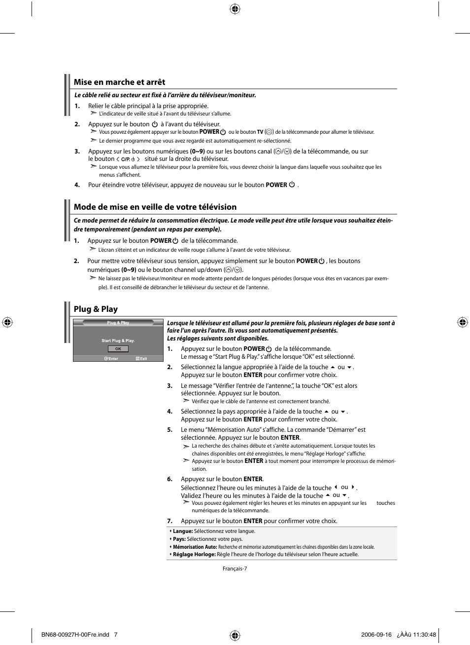 Mise en marche et arrêt, Mode de mise en veille de votre télévision, Plug & play | Samsung LE32R32B User Manual | Page 35 / 187