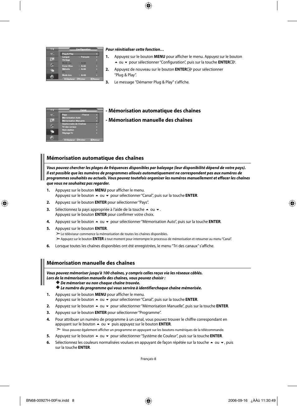 Mémorisation automatique des chaînes | Samsung LE32R32B User Manual | Page 36 / 187