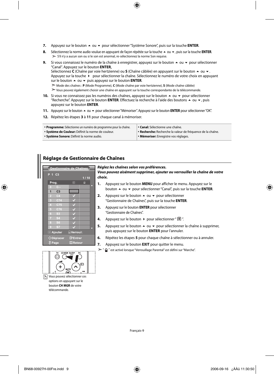 Réglage de gestionnaire de chaînes | Samsung LE32R32B User Manual | Page 37 / 187