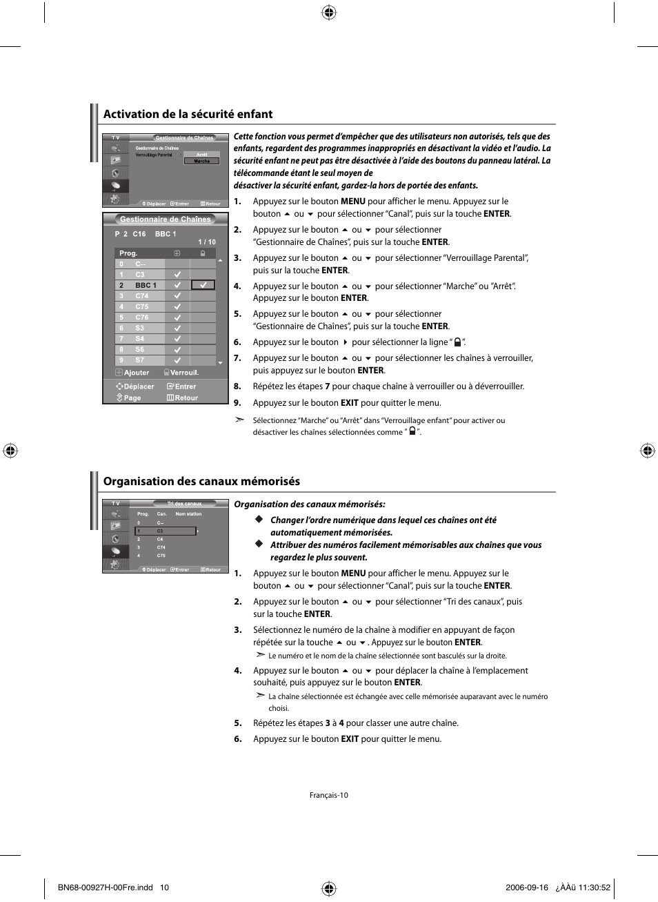 Organisation des canaux mémorisés, Activation de la sécurité enfant | Samsung LE32R32B User Manual | Page 38 / 187