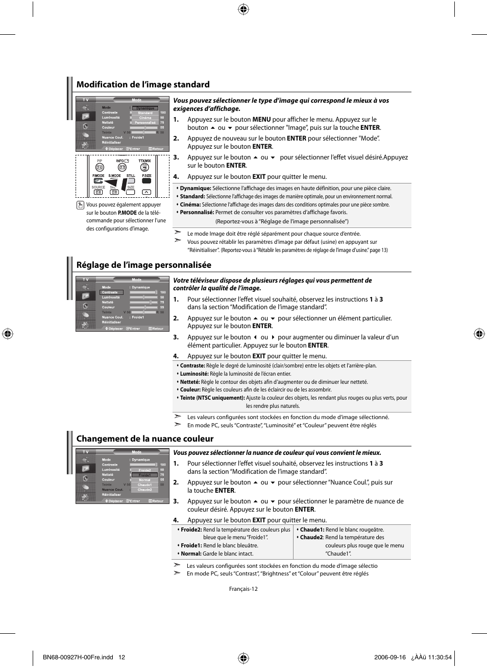 Modification de l’image standard, Réglage de l’image personnalisée, Changement de la nuance couleur | Samsung LE32R32B User Manual | Page 40 / 187
