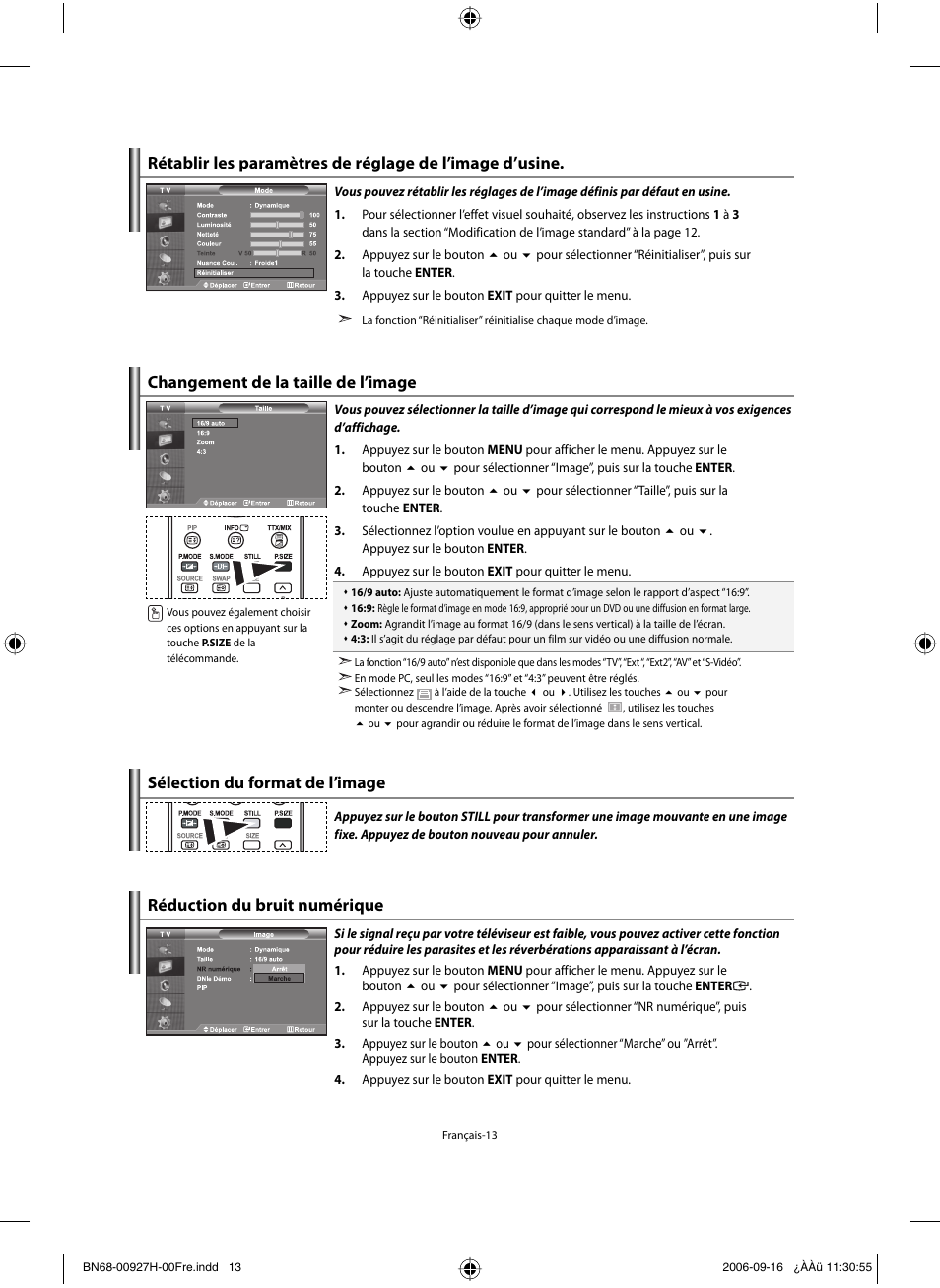 Sélection du format de l’image, Changement de la taille de l’image, Réduction du bruit numérique | Samsung LE32R32B User Manual | Page 41 / 187