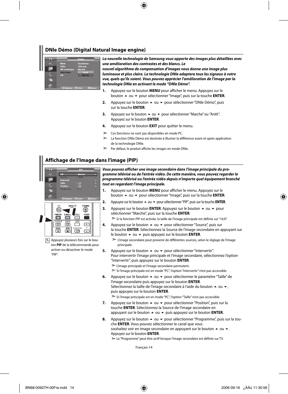 Dnle démo (digital natural image engine), Affichage de l’image dans l’image (pip) | Samsung LE32R32B User Manual | Page 42 / 187