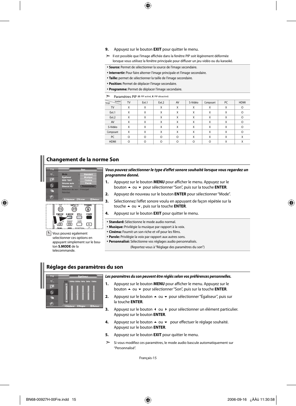 Changement de la norme son, Réglage des paramètres du son | Samsung LE32R32B User Manual | Page 43 / 187