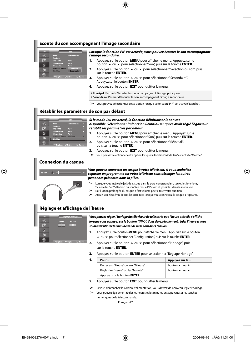 Rétablir les paramètres de son par défaut, Connexion du casque | Samsung LE32R32B User Manual | Page 45 / 187