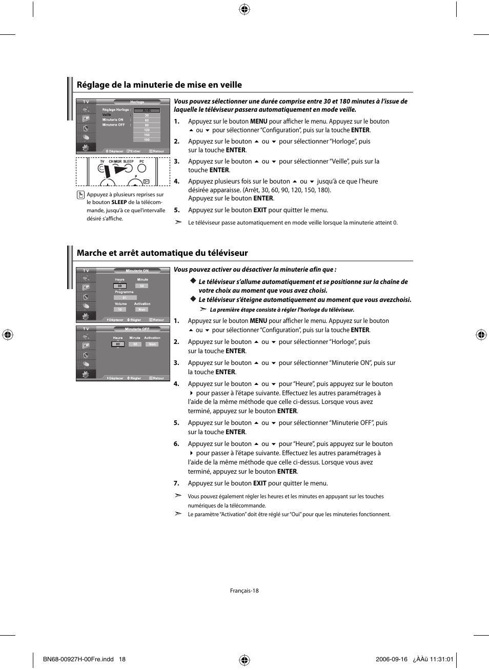 Réglage de la minuterie de mise en veille, Marche et arrêt automatique du téléviseur | Samsung LE32R32B User Manual | Page 46 / 187
