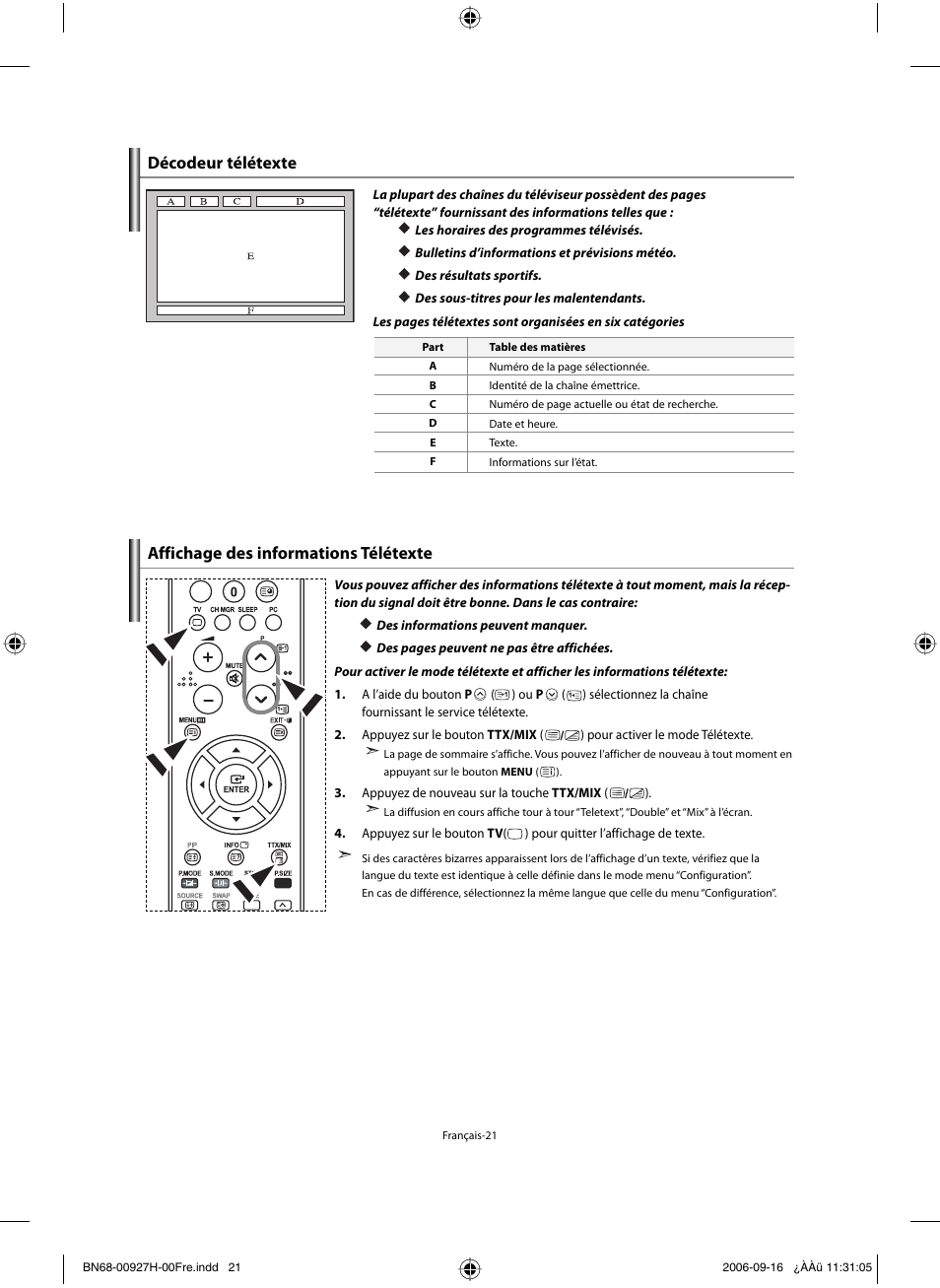Décodeur télétexte, Affichage des informations télétexte | Samsung LE32R32B User Manual | Page 49 / 187