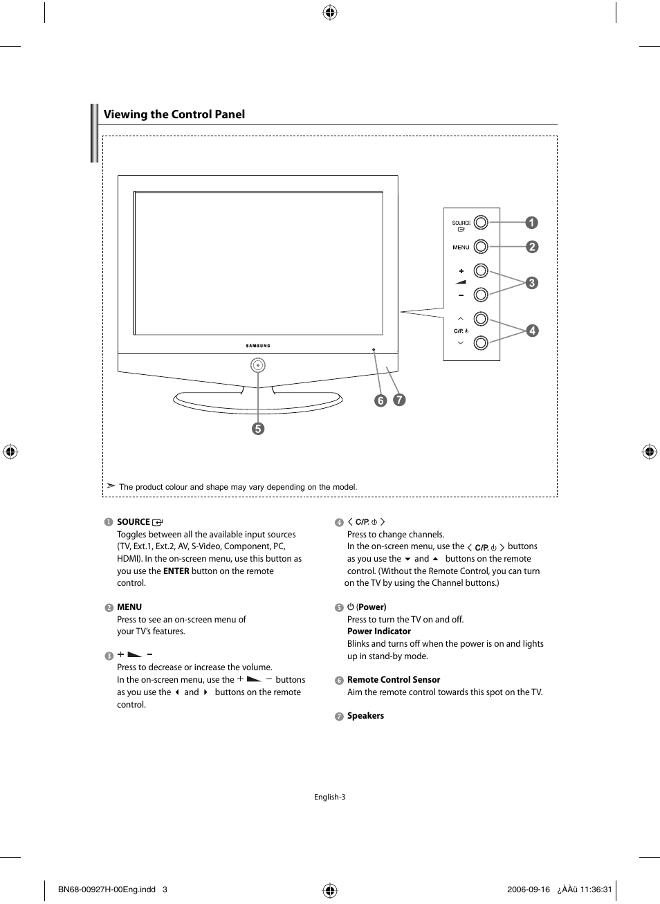 Viewing the control panel | Samsung LE32R32B User Manual | Page 5 / 187