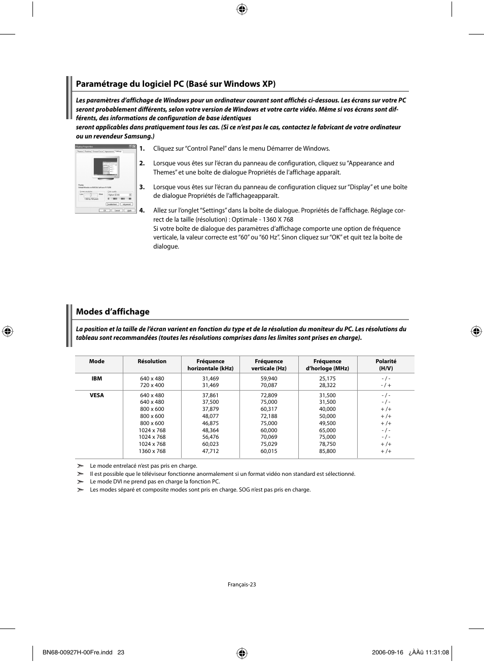 Paramétrage du logiciel pc (basé sur windows xp), Modes d’affichage | Samsung LE32R32B User Manual | Page 51 / 187