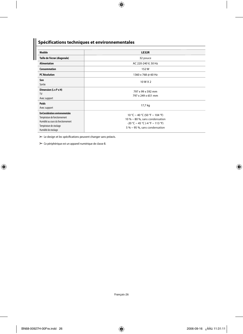 Spécifications techniques et environnementales | Samsung LE32R32B User Manual | Page 54 / 187