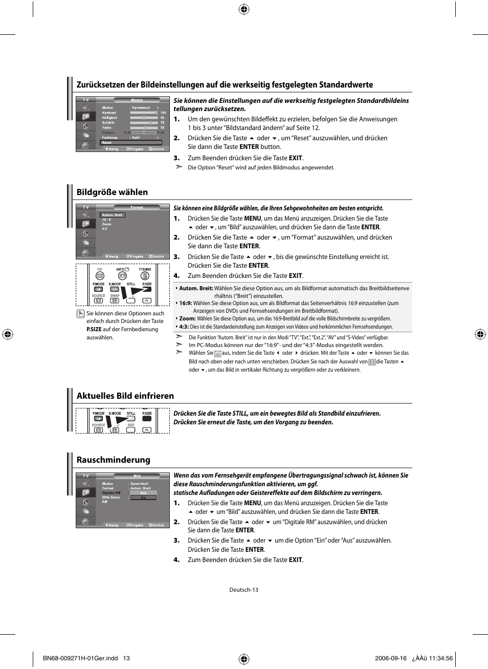 Bildgröße wählen aktuelles bild einfrieren, Rauschminderung | Samsung LE32R32B User Manual | Page 67 / 187