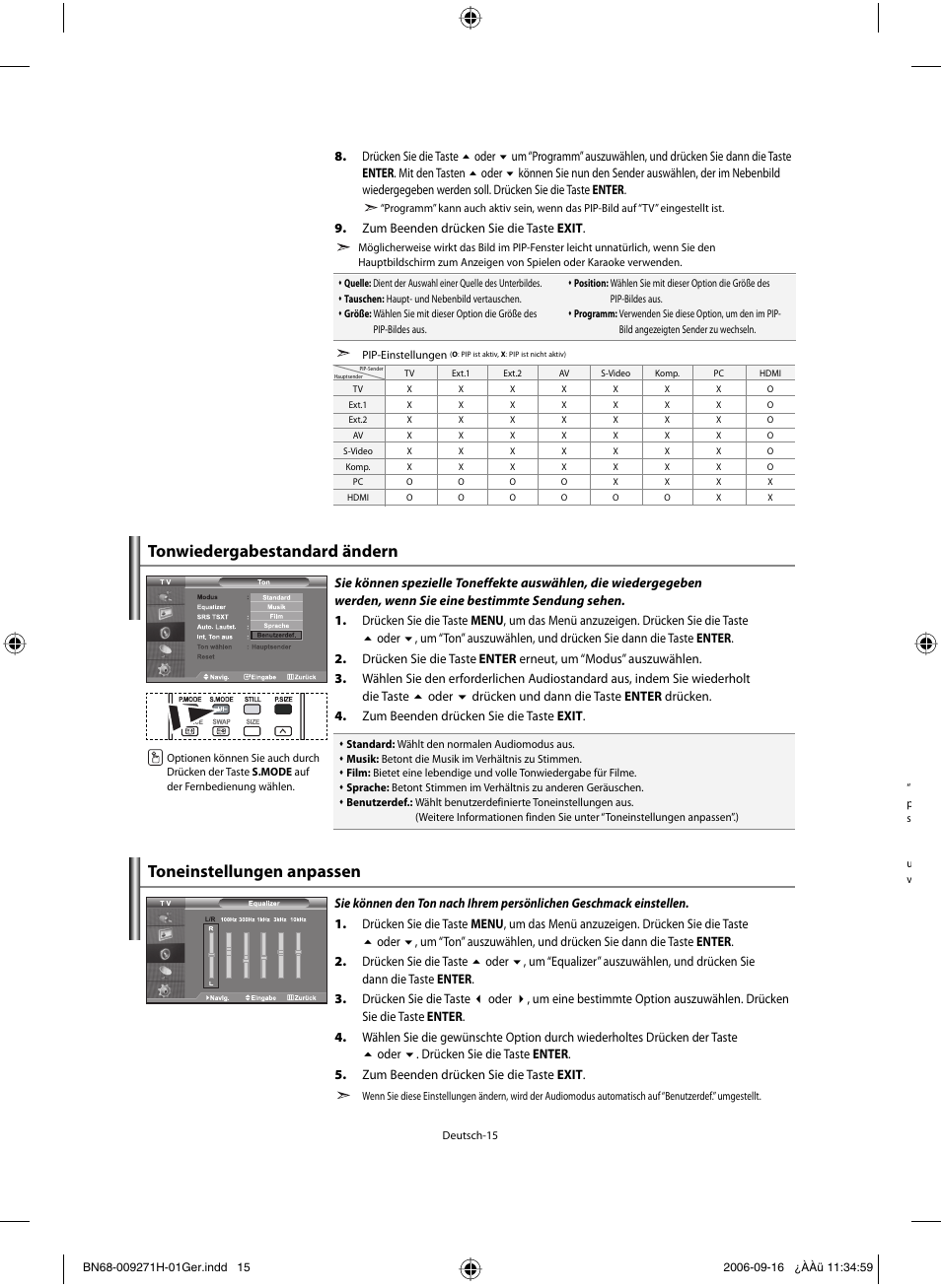 Tonwiedergabestandard ändern, Toneinstellungen anpassen | Samsung LE32R32B User Manual | Page 69 / 187