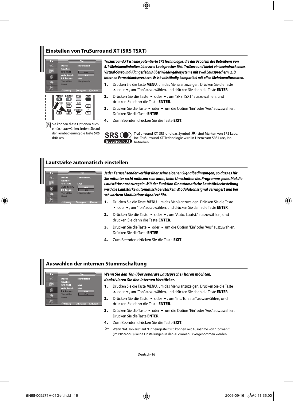 Auswählen der internen stummschaltung | Samsung LE32R32B User Manual | Page 70 / 187