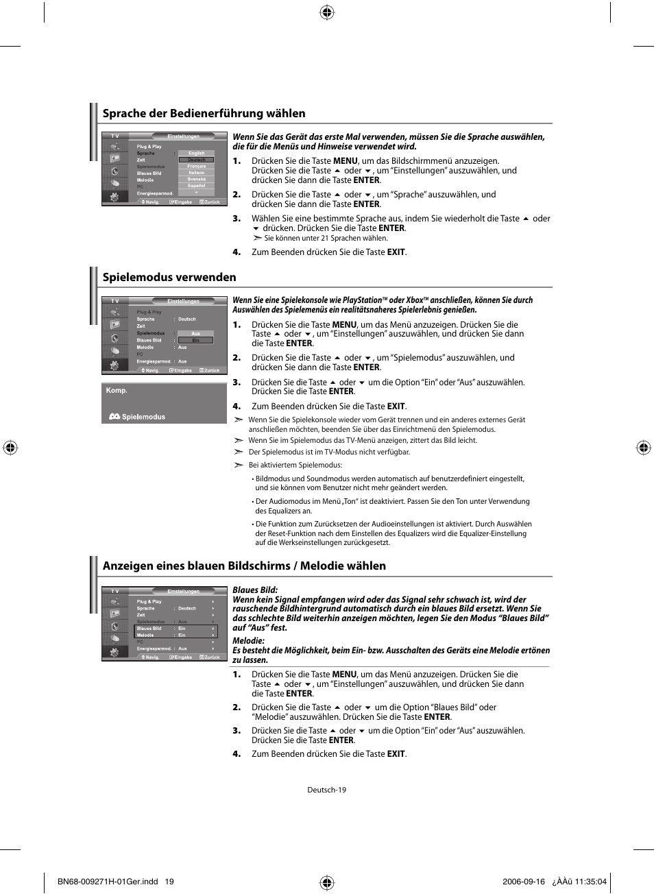 Sprache der bedienerführung wählen, Spielemodus verwenden, Anzeigen eines blauen bildschirms / melodie wählen | Samsung LE32R32B User Manual | Page 73 / 187