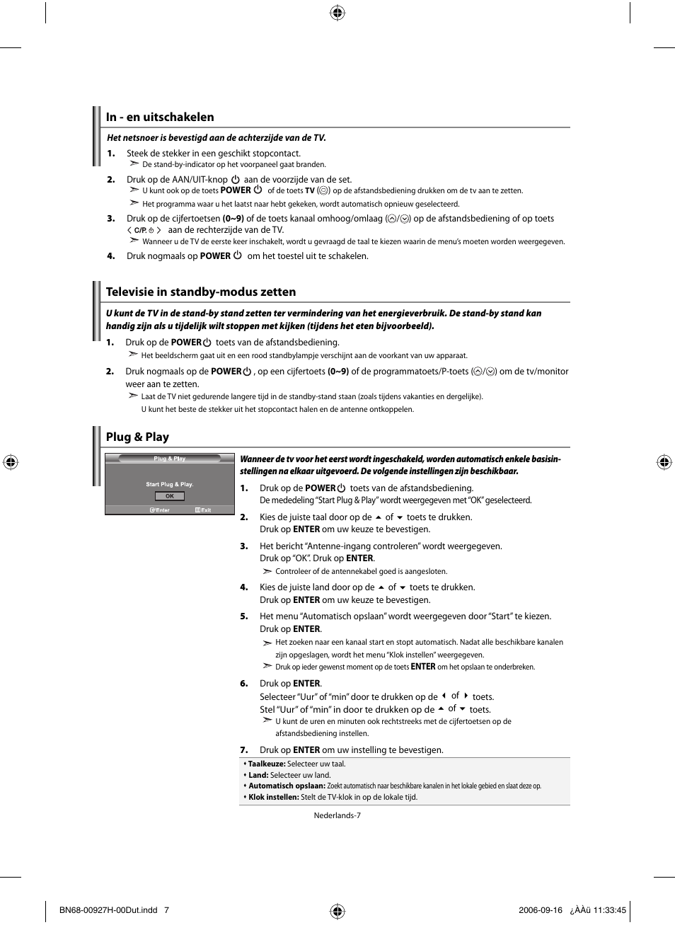 Televisie in standby-modus zetten, Plug & play | Samsung LE32R32B User Manual | Page 87 / 187