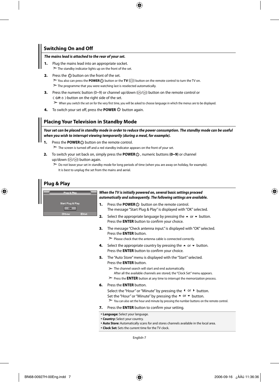 Switching on and off, Placing your television in standby mode, Plug & play | Samsung LE32R32B User Manual | Page 9 / 187